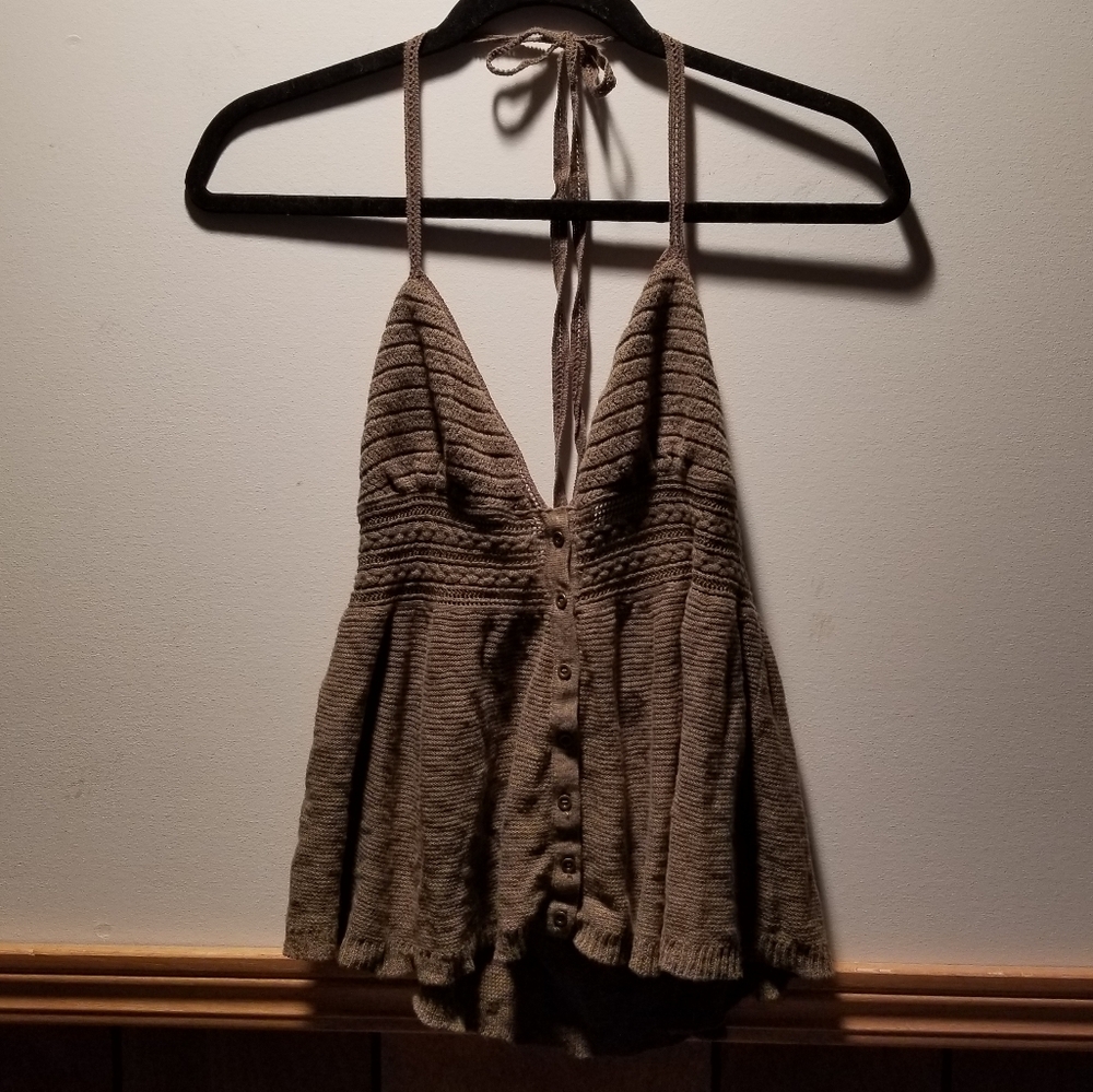 👙American Eagle partial crochet pattern boho style halter top with fron…